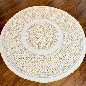 VTG 70s Round Tablecloth 60" Fruit Print Yellow Trim Cottagecore Retro Kitchen